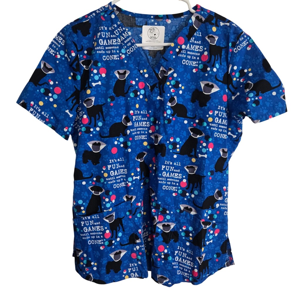 Dog is Good Cherokee Scrub Top Women's Medium Blue‎ Vet Tech Dog Cone Print